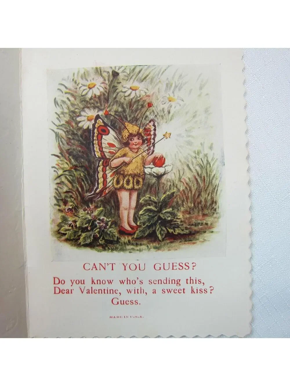 Vintage Valentine Card 1929 Die cut Fold Girl Fairy Wings Wand Daisy Flowers USA